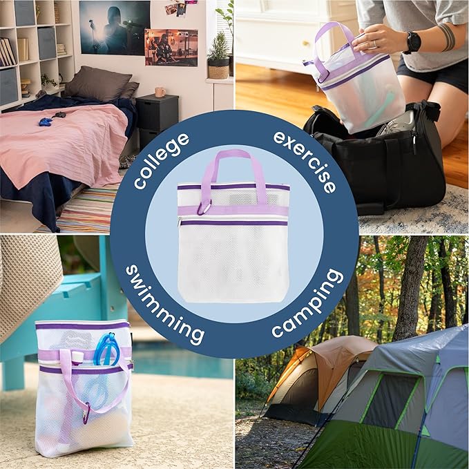 S&T INC. Mesh Shower Caddy, Shower Bag for Dorm Room Essentials, Gym Bag, Camping and More, Two Zippered Pockets, White and Purple, 10 Inches x 10 Inches