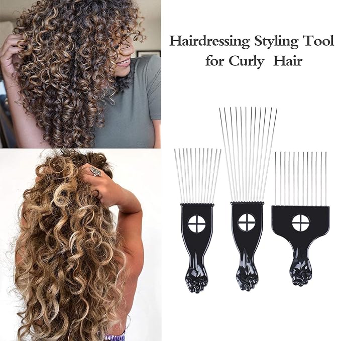 Hair Picks - Black Metal Afro Combs for Hair Styling, Fist Pick for Women and Men