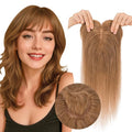 Real Human Hair Toppers for Women 3.54"*4.72" Silky Base 150% Density With Bangs Adjustable Parting Clip-In Topper Hairpieces for Women with Thinning Hair 16 Inches Light Brown