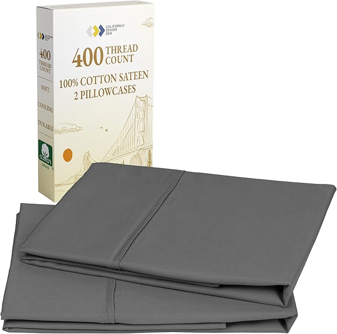 California Design Den King Size Pillowcase Set - 400 Thread Count, 100% Cotton Sateen, Set of 2 Pillow Covers, Soft and Breathable - Grey