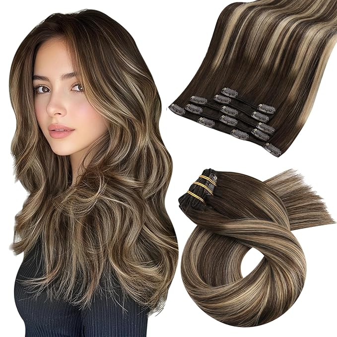 Moresoo Clip in Hair Extensions Human Hair Dark Brown to Blonde Balayage Hair Extensions Clip ins Long Ombre Dark Brown to Honey Blonde Double Weft 80g/5pcs 20 inch