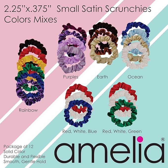 Amelia Beauty, Grey Satin Small Scrunchies, 12-Pack – No Damage Hair Ties for Women, Gentle & Durable Hair Accessories, 2.5in x 0.5in