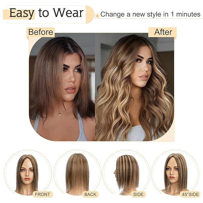 SEGO Human Hair Toppers for Women With Thinning Hair, 7 * 13CM Silk Base 100% Real Human Hair Clip in Top Wiglet Hairpieces //12 Inch No Bangs Medium Brown&Dark Blonde
