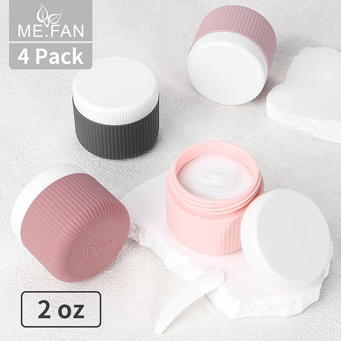 ME.FAN Travel Containers for Toiletries, TSA Approved 2 oz Silicone Cream Jars, Leak-proof Journey Containers, Trip Accessories with Lid for Cosmetic Face Hand Body Cream 4 Pack White Lid Pink