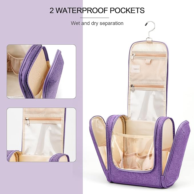 Travel Hanging Toiletry Bag for Women and Men, 6 Organizer Compartments, Holds Full Size Bottles, Extra Large Cosmetic Accessories, Makeup essentials, Bathroom Water-resistant Toiletries Bag, Purple