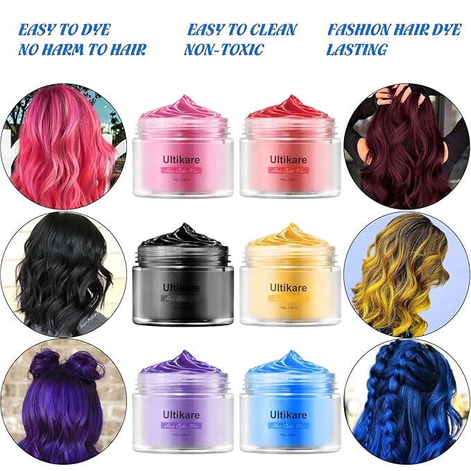 Temporary Hair Color for Kids, Ultikare Red Hair Dye Washable Natural Hair Wax Color Chalk Mud Cream DIY Hairstyle Clay For Dark Hair Halloween, Cosplay, Party, Christmas Gift Girls 3.4 Fl Oz 6 colors
