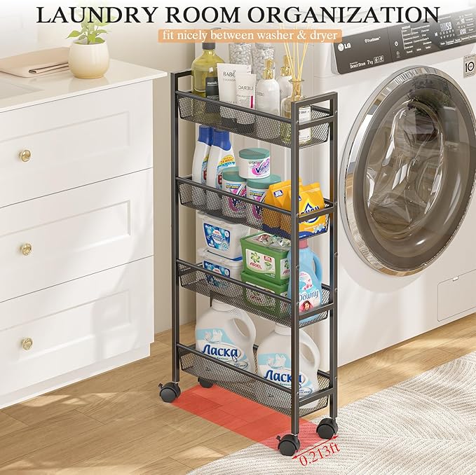 Slim Storage Rolling Cart, 4 Tier Narrow Cart with Wheels, Metal Kitchen Carts for Small Spaces, Slide Out Storage Shelves Mobile Shelving Unit for Kitchen, Laundry Room, Bathroom, Living Room, 6in(W)