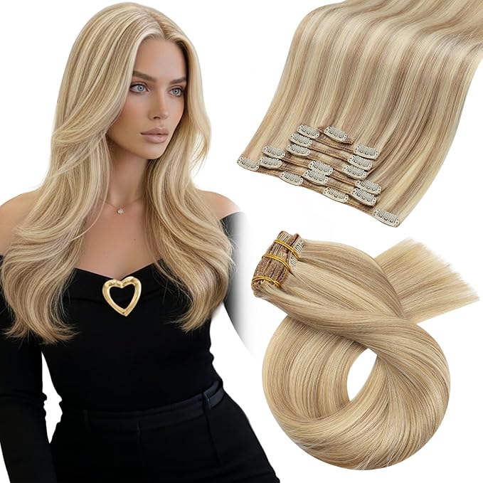 Moresoo Clip in Hair Extensions Blonde Highlights Long Remy Real Human Hair Clip in Extensions Golden Blonde with Medium Blonde for Women Warm Color Straight Double Weft 120g/7pcs 16 inch