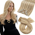 Moresoo Clip in Hair Extensions Blonde Highlights Long Remy Real Human Hair Clip in Extensions Golden Blonde with Medium Blonde for Women Warm Color Straight Double Weft 120g/7pcs 16 inch