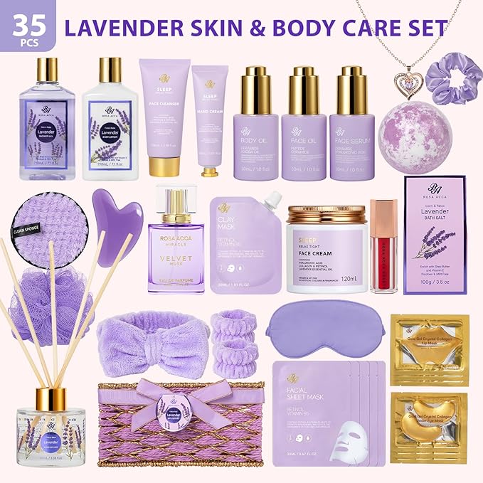 35 Pcs Christmas Gifts for Women, Lavender Bath and Body Gift Basket, Facial Skin Care Set, Spa Kit, Self-Care Set, Face Sheet Mask, Necklace, Birthday Present, Valentines, Mother Day, Bridal Shower