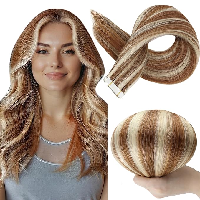 Full Shine Seamless Tape in Hair Extensions Color 330 Auburn Highlight Blonde Human Hair Extensions Tape in 18 Inch Invisible Tapes in Extensions Add Length for Women 50Gram 20Pcs Double Sided Tapes