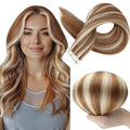 Full Shine Seamless Tape in Hair Extensions Color 330 Auburn Highlight Blonde Human Hair Extensions Tape in 18 Inch Invisible Tapes in Extensions Add Length for Women 50Gram 20Pcs Double Sided Tapes