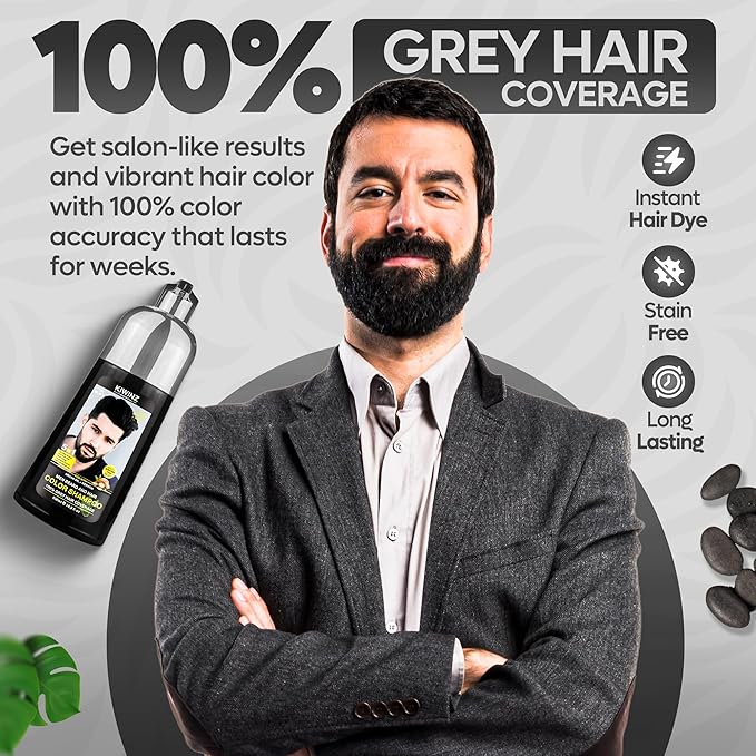 Black Hair Color Shampoo for Men – 5 in 1 Hair Dye Shampoo for Grey Hair - Instant Hair Dye with 100% Color Accuracy with Natural Ingredients - Ammonia Free - 500ml (Black)