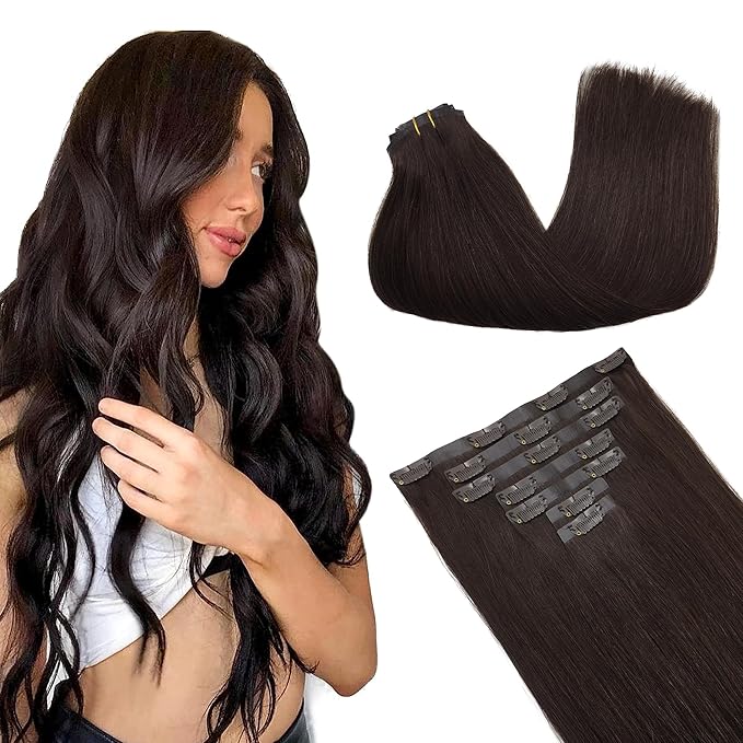 GOO GOO Clip in Hair Extensions Real Human Hair, Remy Human Hair Extensions Clip ins for Women, Natural Human Hair, 22inch 150g 7Pcs, 2A Light Brown