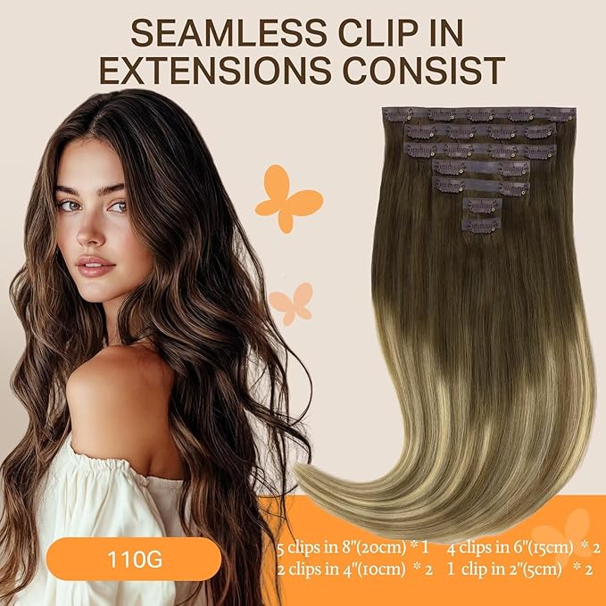 DOORES Hair Extensions Seamless Clip in Human Hair, Walnut Brown to Ash Brown and Bleach Blonde 110g 7pcs 16 Inch, Invisi Edge Hair Extensions Real Human Hair Clip in Remy Straight Hair