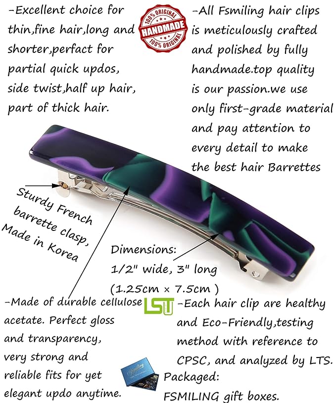 Fsmiling Hair Barrettes for Women French Hair Barrette Clip Small Acetate Hair Clips Barrette No Slip Hair Accessories 3-Pack