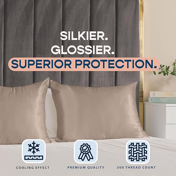 BLISSFORD Satin Pillowcase with Zipper, for Hair and Skin Care, Feels Soft and Cool Like a Silk Pillowcase, Satin Pillow Cases 2 Pack, Slik Pillow Cover, Pewter, Standard Size -Set of 2