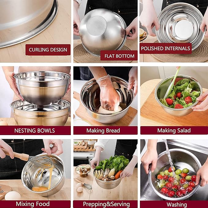 MIKULA Mixing Bowls Set, 22PCS Large Stainless Steel Mixing Bowl with Lids Set 7/6/4.5/3.5/2.5QT, 400ML Measuring Cups Spoons Storage Baking Nesting Metal Bowl for Kitchen Supplies