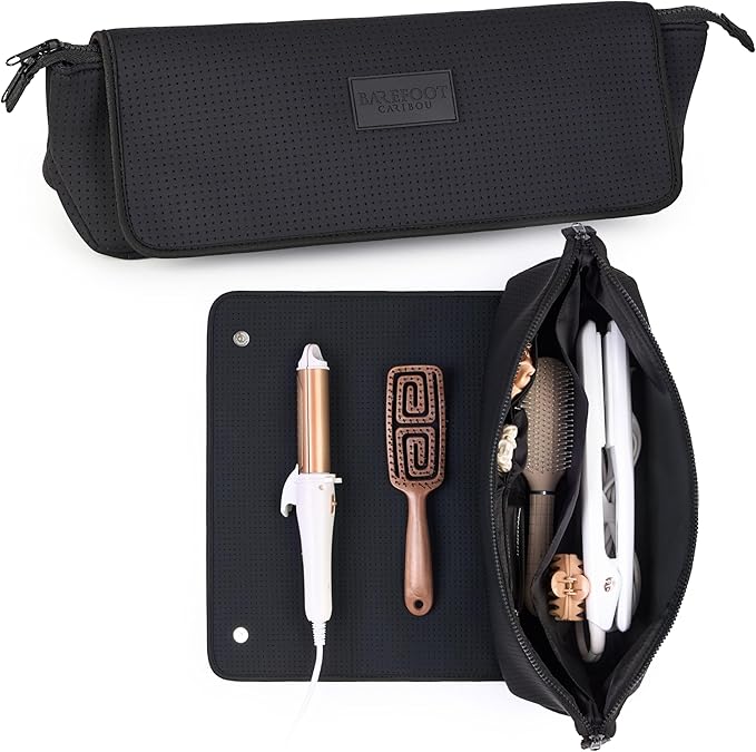 BAREFOOT CARIBOU Hair Tools Travel Bag and Heat Resistant Mat for Flat Irons, Straighteners, Curling Iron, and Haircare Accessories, 2-in-1 design, with Interior Pockets, Portable Organizer
