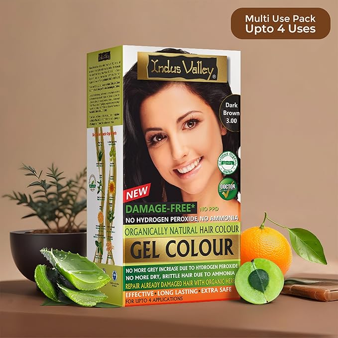 Indus Valley Natural Organic Damage Free Gel Hair Color | Organic Hair Dye, Ammonia Free, Vegan & Cruelty Free | Up to 100% Gray Coverage, Long Lasting Results |Dark Brown 3.0 (20gram+200ml)