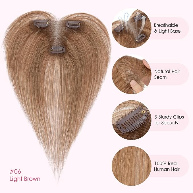 Hairro Human Hair Toppers with Side Bangs, 3D 360° Seamless Real Hair Toppers, Hand-Tied with 3.5"x4.7" T-shaped Base, Clip-In Hairpieces to Add Volume on Top, 11 Inch Light Brown