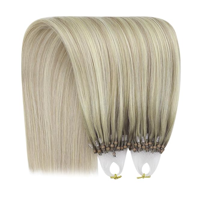 YoungSee Micro Loop Hair Extensions Human Hair Ombre Micro Bead Hair Extensions Real Human Hair Ash Blonde Ombre Microbeads Hair Extension 24 Inch Balayage Bead Hair Extension for Long Hair 50s/50g
