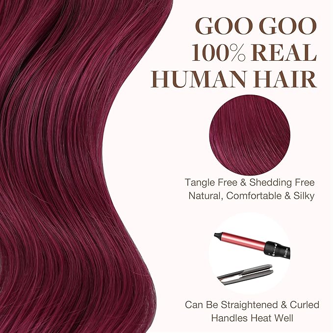 GOO GOO Tape in Hair Extensions Human Hair, Burgundy, 24inch 50g 20pcs, Skin Weft Seamless Invisible, Silky Straight with Thick Ends, Remy Human Hair