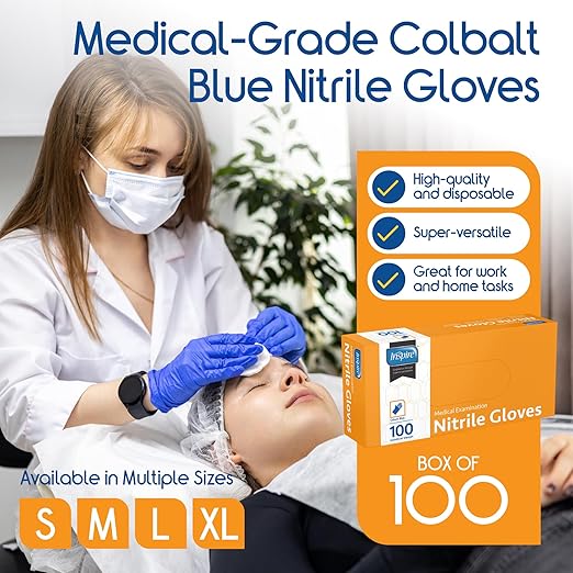Inspire Black Nitrile Disposable Gloves | 4.5 Nitrile Safety Medical Exam Cooking Cleaning Disposable Black Gloves (Blue - Box of 100, XL)