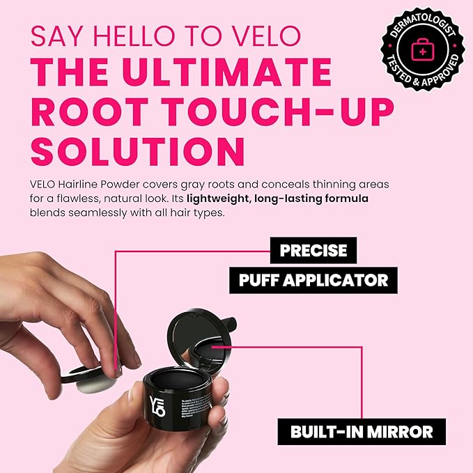 VELO Hairline Powder–BLACK Hair Root Touch Up Powder for Women & Men–Instantly Covers Gray Hair, Thinning Hair & Bald Spots–Sweatproof Root Cover Up–Puff & Mirror Compact, 13 Shades