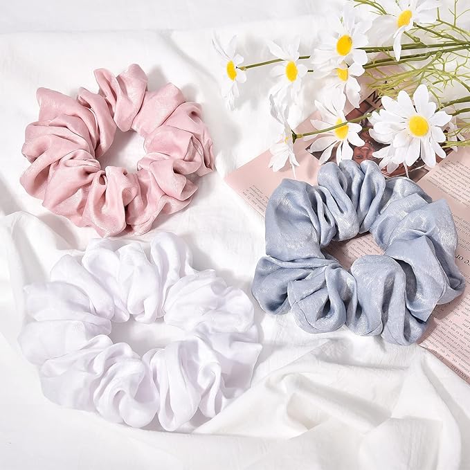 XL Big Silk Scrunchies Hair Ties for Women - CEELGON Oversized Black Satin Silk Scrunchie Exra Large Jumbo Gaint Soft Pink Chiffon Cute Scrunchy for Curl Thick Hair 4 Pack (Black White)