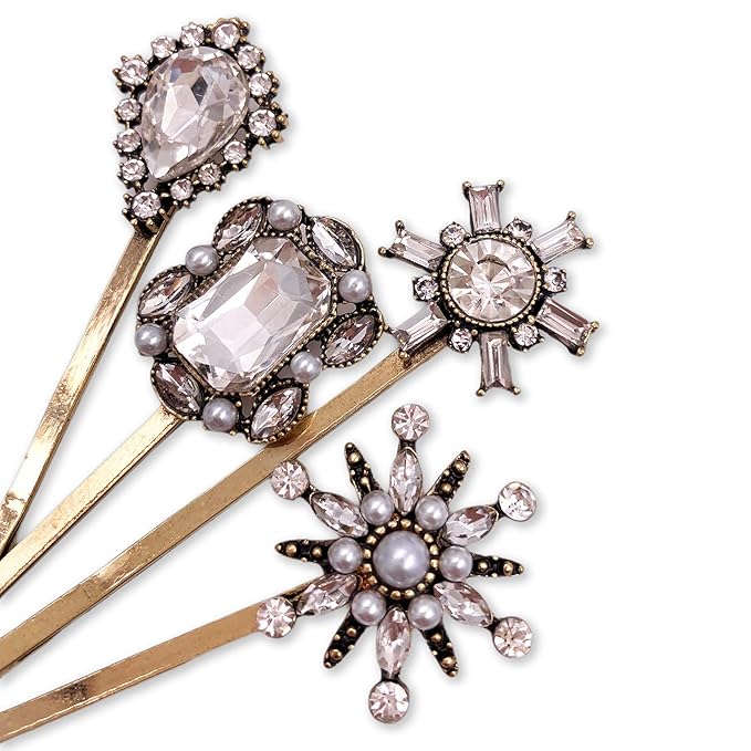 4PCS Vintage Rhinestone Pearl Bobby Pins Decorative Hair Slides Clips Accessories Women