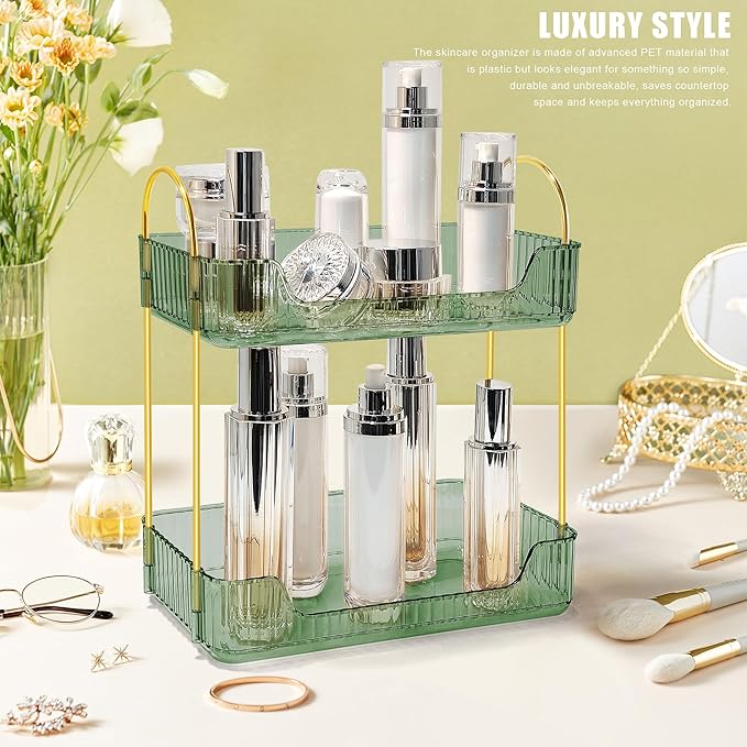 Bathroom Counter Organizer Countertop Storage Skincare Countertop Makeup Organizer Cosmetics Skincare Organizers Holder for Perfume-Green-golden pole