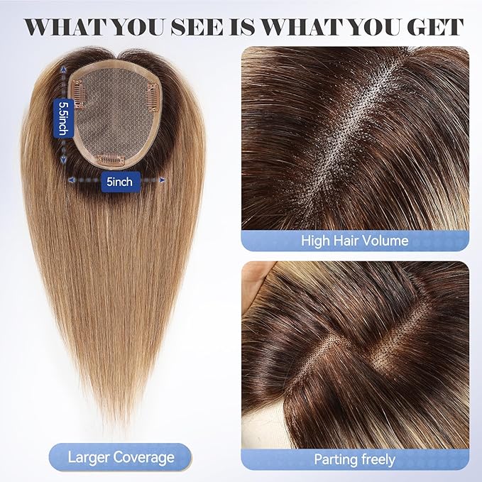 HAIRCUBE Hair Toppers 100% Real Human Hair,Ombre Ash Blonde, 5.5"*5"MONO Large Base, 56g Hand-moven Real Human HairToppers for Women with ThinningHair