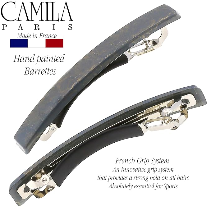 Camila Paris CP3076 French Hair Barrette Clip for Girls, Set of 2 Grey Rubberized Metal Clasp Strong Hold Grip Hair Clips for Women, No Slip Durable Styling Girls Hair Accessories, Made in France