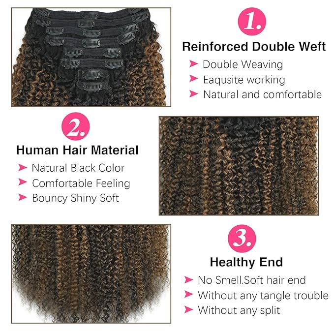 3c 4a Curly Clip in Hair Extensions T1BP1B/30 Omber Kinky Curly Clip ins For Women Brazilian Virgin Clip on Hair (22inch,T1BP1B/30)