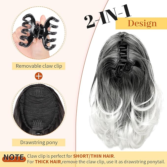 KooKaStyle Ponytail Extension, 10" Short Claw Clip in Pony Tails Hair Extensions Curly Wavy Synthetic Drawstring Hairpieces for Women(Grey Black with White ends)