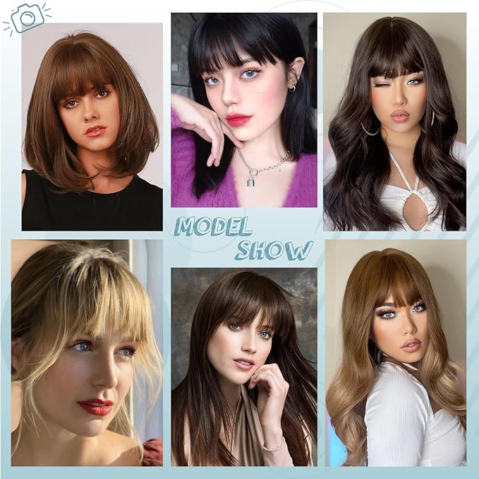 NAYOO Bangs Hair Clip - Dark Brown French Bangs 100% Real Human Hair Extensions French Bangs for Women Fringe with Temples Hairpieces Curved Bangs for Daily Wear