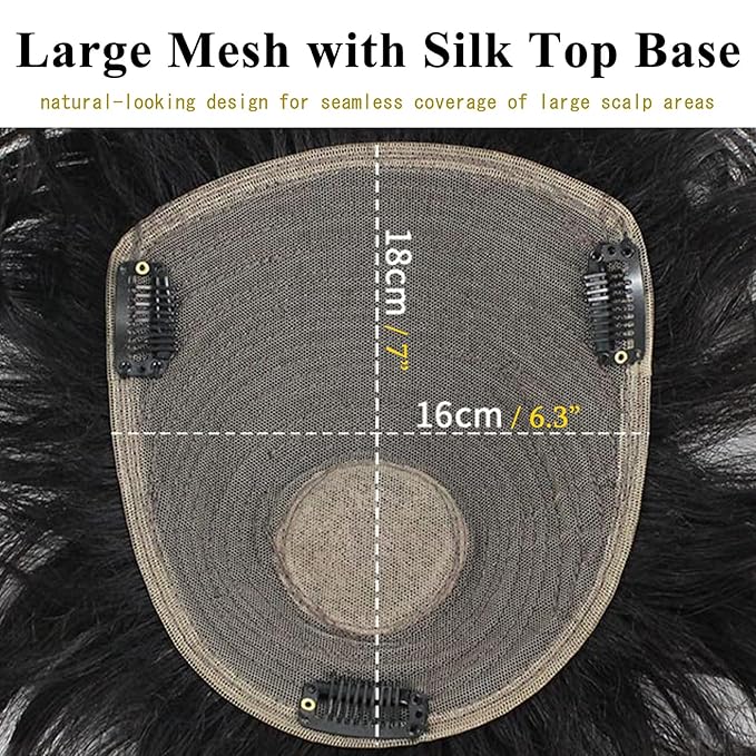 Short Human Hair Topper for Women with Hairloss,Invisible Clip in Straight Topper Hairpiece with Large Mesh 6.3x7 Ins and Silk Top Base Natural Fluffy Wiglet Hairpiece Dark Brown