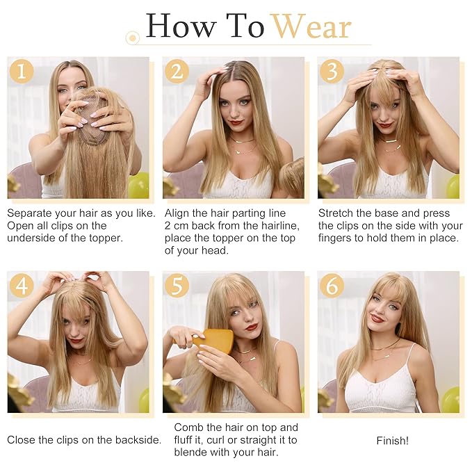 SEGO Hair Toppers for Women Real Human Hair With Bangs, 7 * 13CM Silk Base 100% Remy Human Hair Clip in Top Wiglet Hairpieces Add Volume -8 Inch Light Brown