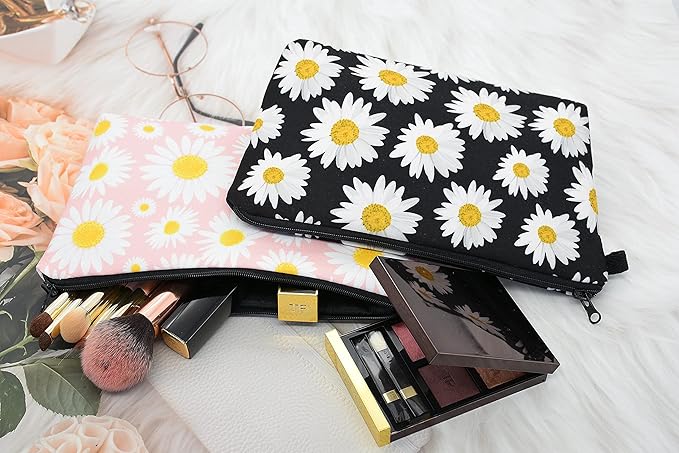 2 Pcs Cosmetic Bag for Women Small Make Up Bag Waterproof Travel Toiletries Pouch with Zipper for Organizing Small Items, Gift Bags for Birthday Christmas(Daisy Flower 1)