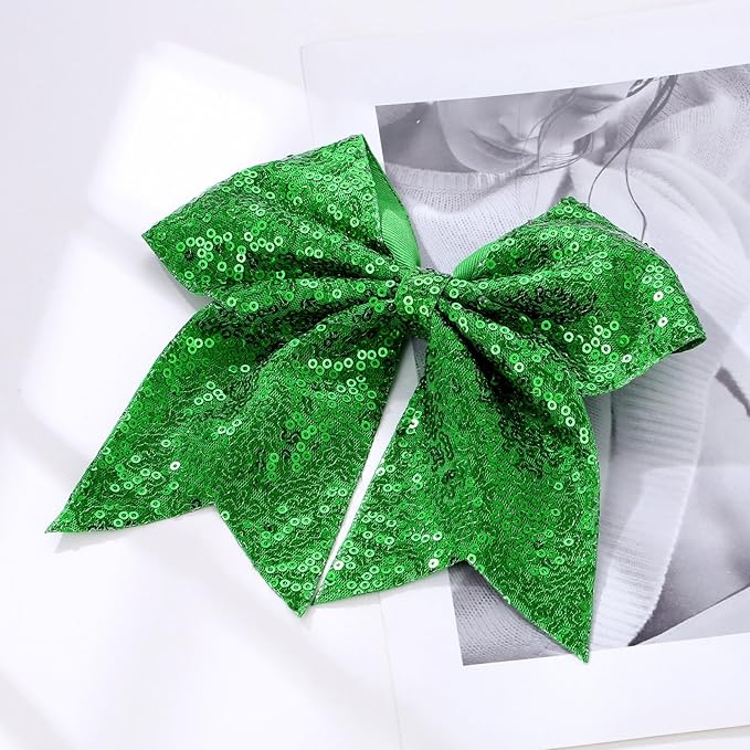 Large Glitter Cheer Bows Clips, Jumbo Big 7 Inch Cheerleading Sequin Hair Bow Hair Accessories for Teens Girls Football Sports Cheerleader Outfit Uniform (Green)