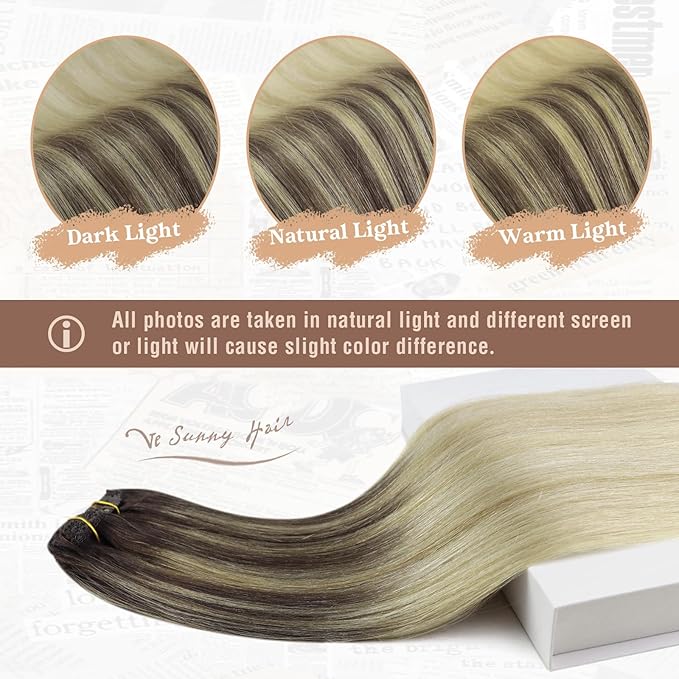 Ve Sunny Clip in Human Hair Extensions Balayage Clip in Hair Extensions Ombre Clip in Extensions Real Human Hair Dark Brown Ombre Dark Golden Blonde Balayage Light Blonde Short Hair 5pcs 80g 12inch