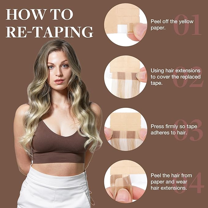 GOO GOO Tape in Hair Extensions Human Hair, 9/60 Balayage Ash Brown to Platinum Blonde, 24inch 50g 20pcs, Skin Weft Seamless Invisible, Silky Straight with Thick Ends, Remy Human Hair