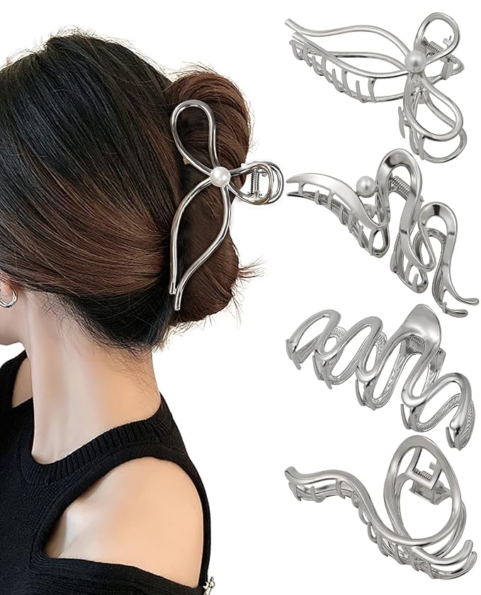 HAIMEIKANG 4 PCs Metal Hair Claw Clips - Irregular Large Clips for Women, Non-Slip Styling Accessories for Thick and Thin Hair (Silver)