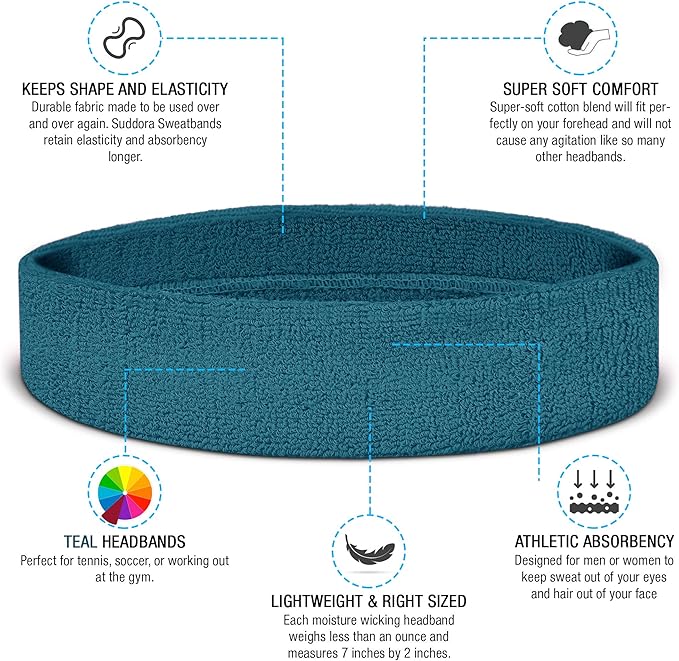 Suddora Sweatbands Set, Moisture Wicking 2 Wristbands and 1 Headband, Breathable Terry Cloth Athletic Bands for Basketball, Tennis, Yoga, Gym, Sweat Bands for Costumes and Cosplay