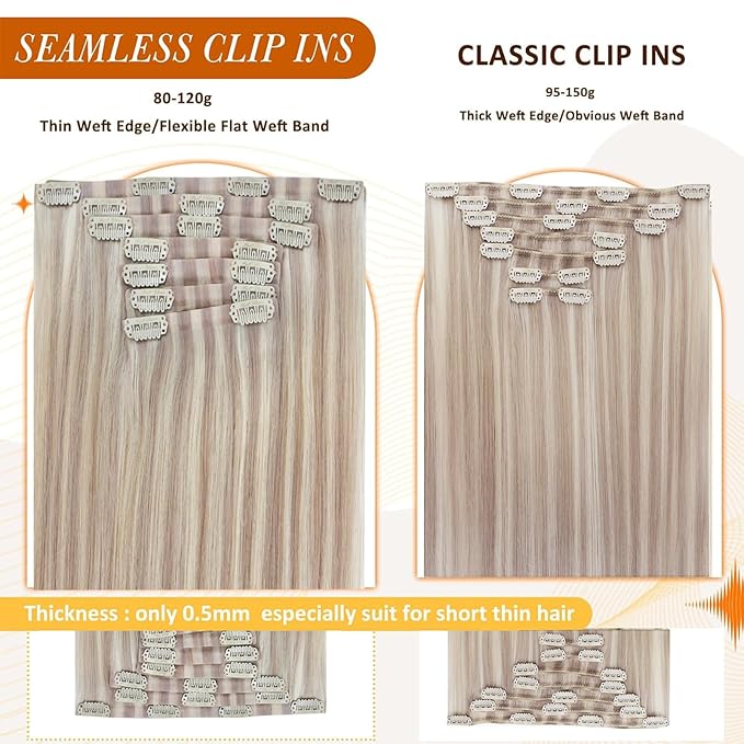 Full Shine Clip in Human Hair Extensions Highlights 20 Inch Long Ash Blonde Clip in Hair Extensions Ash Blonde Mix Bleach Blonde PU Clip ins Real Human Hair 8 PCS 120 G