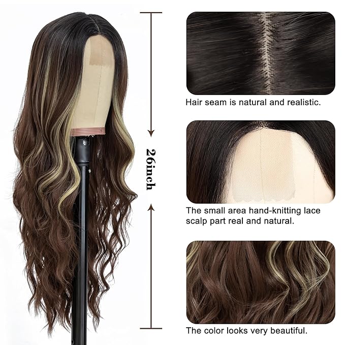 NAYOO Long Brown Mixed Blonde Wavy Wig for Women 26 Inch Middle Part Curly Wavy Wig Natural Looking Synthetic Heat Resistant Fiber for Daily Party Use (Brown Mixed Blonde)