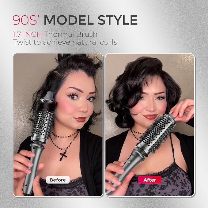 TYMO Thermal Brush Curling Brush - STYLUX 1.7 Inch Blowout Volumizer with Flexi-Fit for Hair Straightening, Heated Round Styler Tool, Hair Straightener and Curler 2 in 1, Dual Voltage, Metallic Gray
