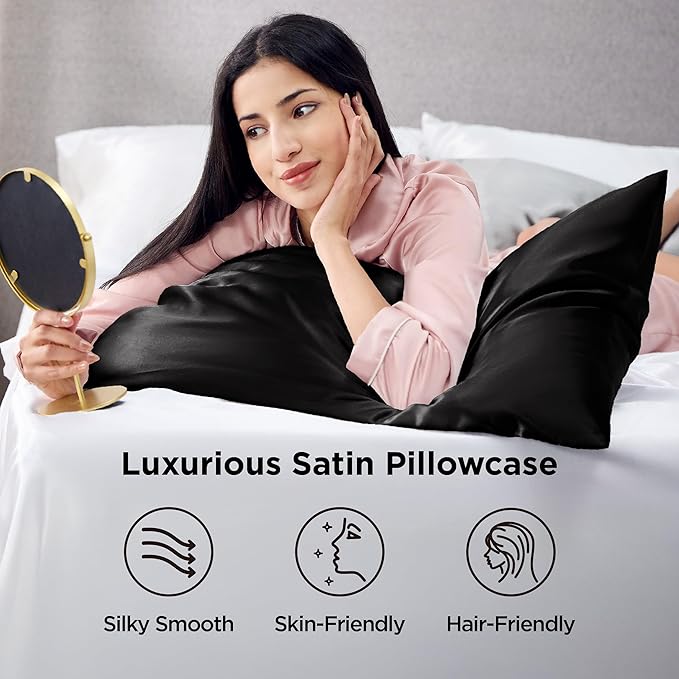 Bedsure King Size Satin Pillowcase Set of 4 - Black Pillow Covers for Hair and Skin 20x36 Inches with Envelope Closure, Similar to Silk Pillow Cases, Gifts for Women Men