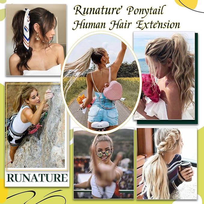 RUNATURE Brown Human Hair Ponytail Extension Straight Ponytail Hair Extensions Human Hair Dark Brown Ponytail Human Hair Extensions Short Wrap Around Ponytail Extension Remy Hair 14 Inch 70g